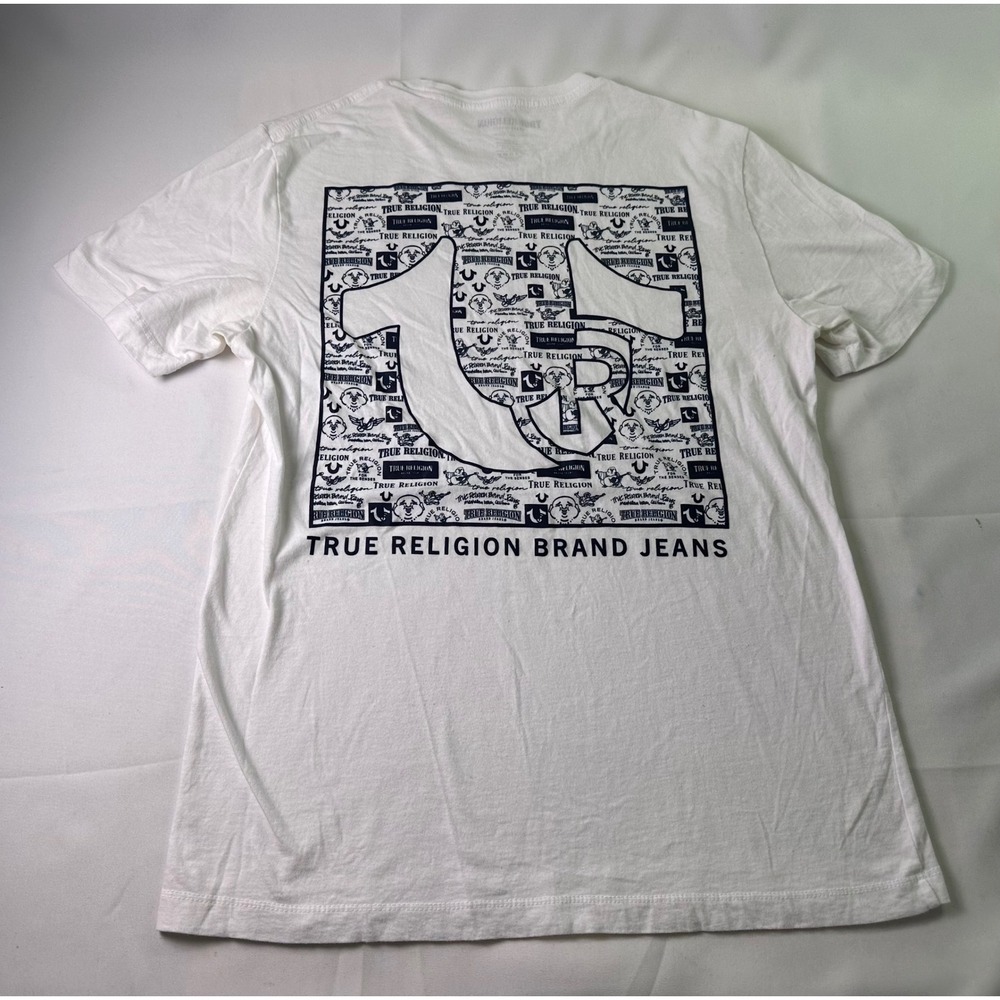 True Religion Mens White Horseshoe Logo Graphic Tee Streetwear Y2K Urban Size M
